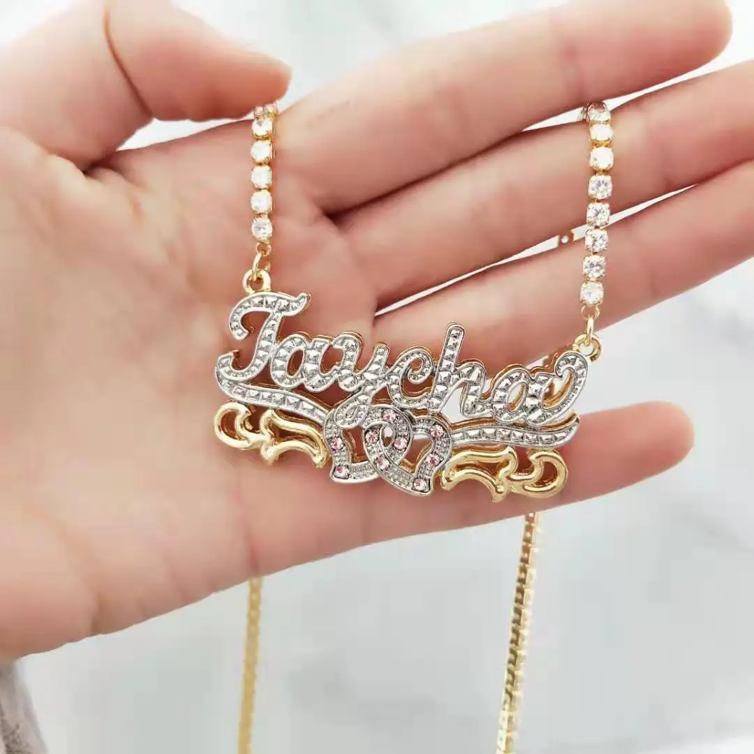 DOREMI 3D Tennis Chain Custom Name Necklace Layered Personalized Double color Nameplate Necklace Jewelry For Women Gift
