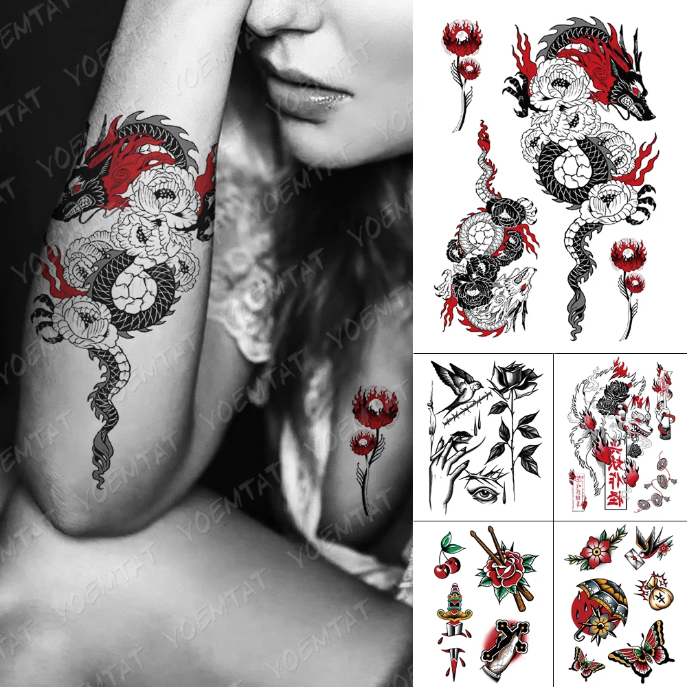 

Waterproof Temporary Tattoo Stickers Dragon Rose Old School Flash Tattoos Female Sketch Body Art Arm Fake Tatoo Male