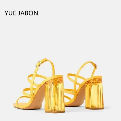 Yellow Women Summer Sandals Ankle Strap Women High Heels Transparent Heel Sandals Women 2024 Thick Heels Shoes Female Open Toe