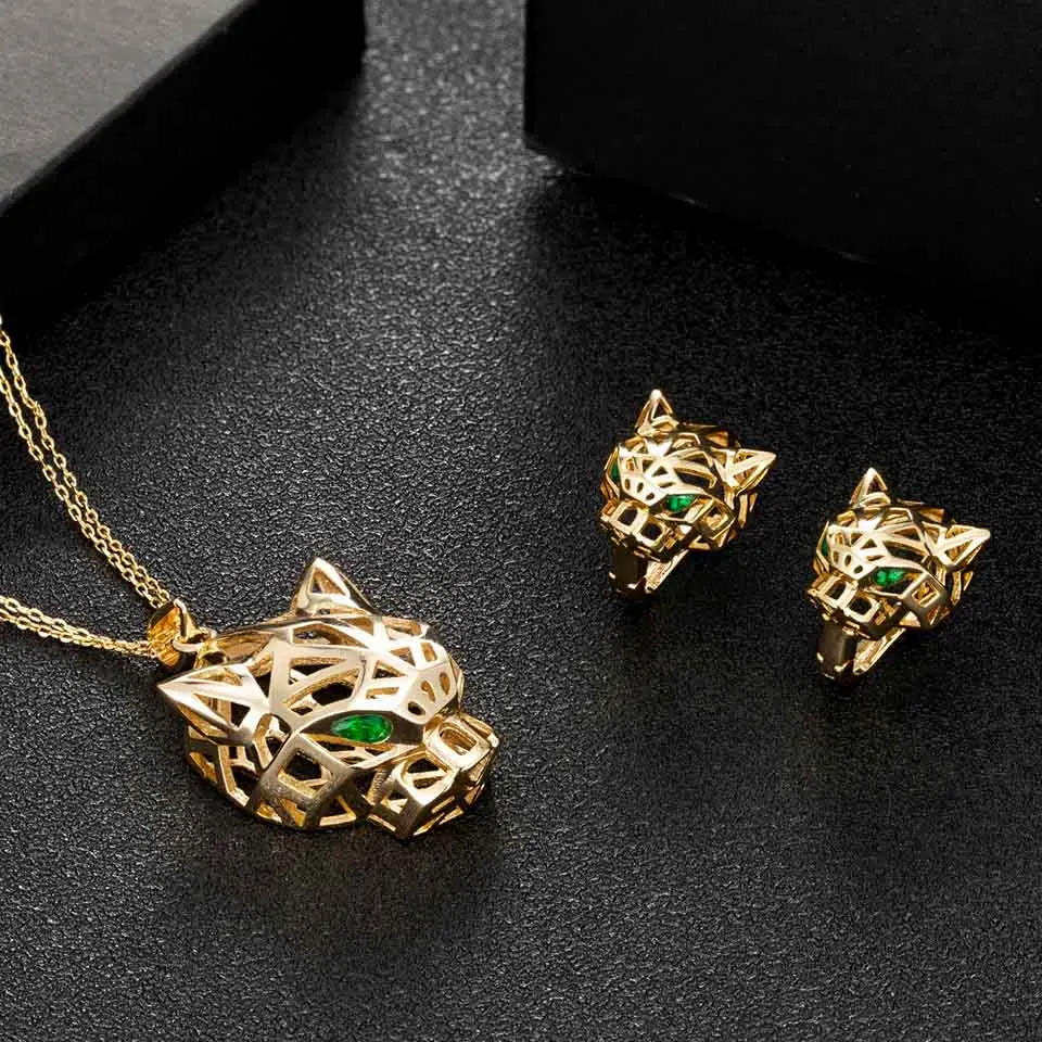 Zlxgirl Hot sale Hollow design leopard head pendant earrings set for women's couple gift fine Gold chain necklace