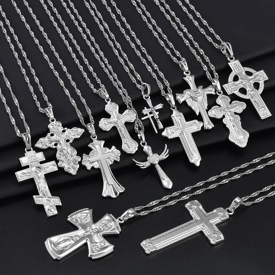 Anniyo Silver Color Charm Cross Pendant Necklace Christianity Catholicism Orthodox INRI Cross Jesus Religion Jewelry @#090004