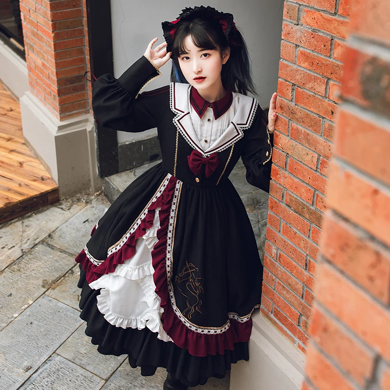 Sweet lolita dress vintage court stand puff sleeve high waist cute printing victorian dress kawaii girl gothic lolita op loli