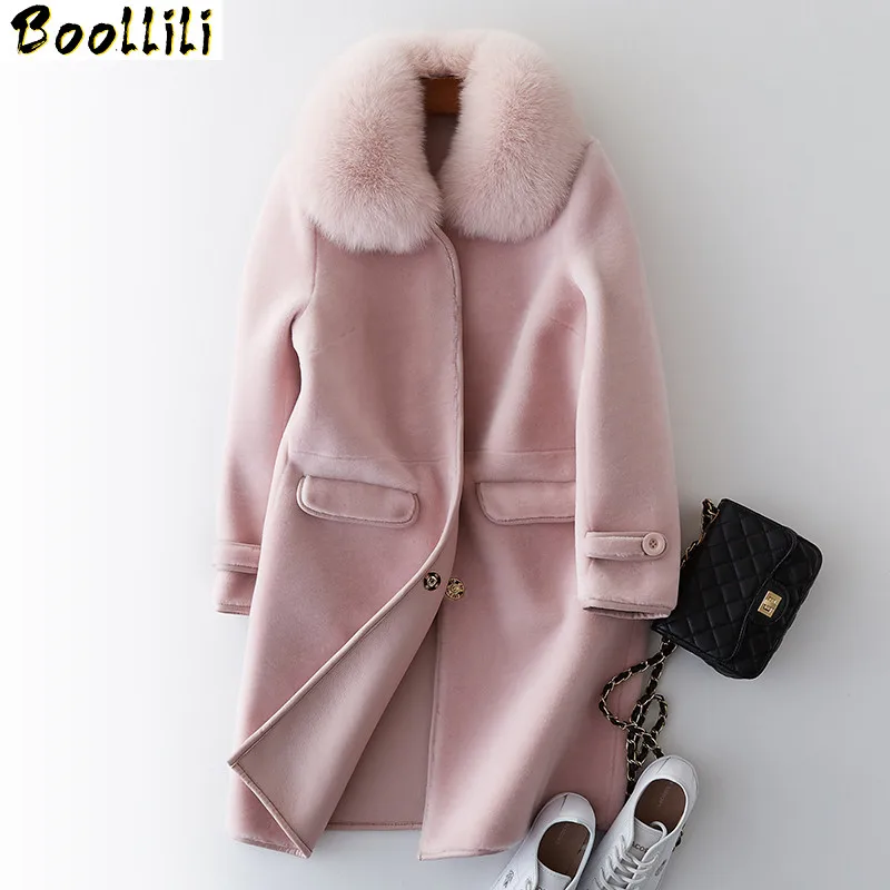 Boolili-abrigo de piel con cuello de piel de zorro Natural para mujer, abrigos de piel de oveja auténtica, chaquetas de lana cálidas de invierno, forro de PU, 2023