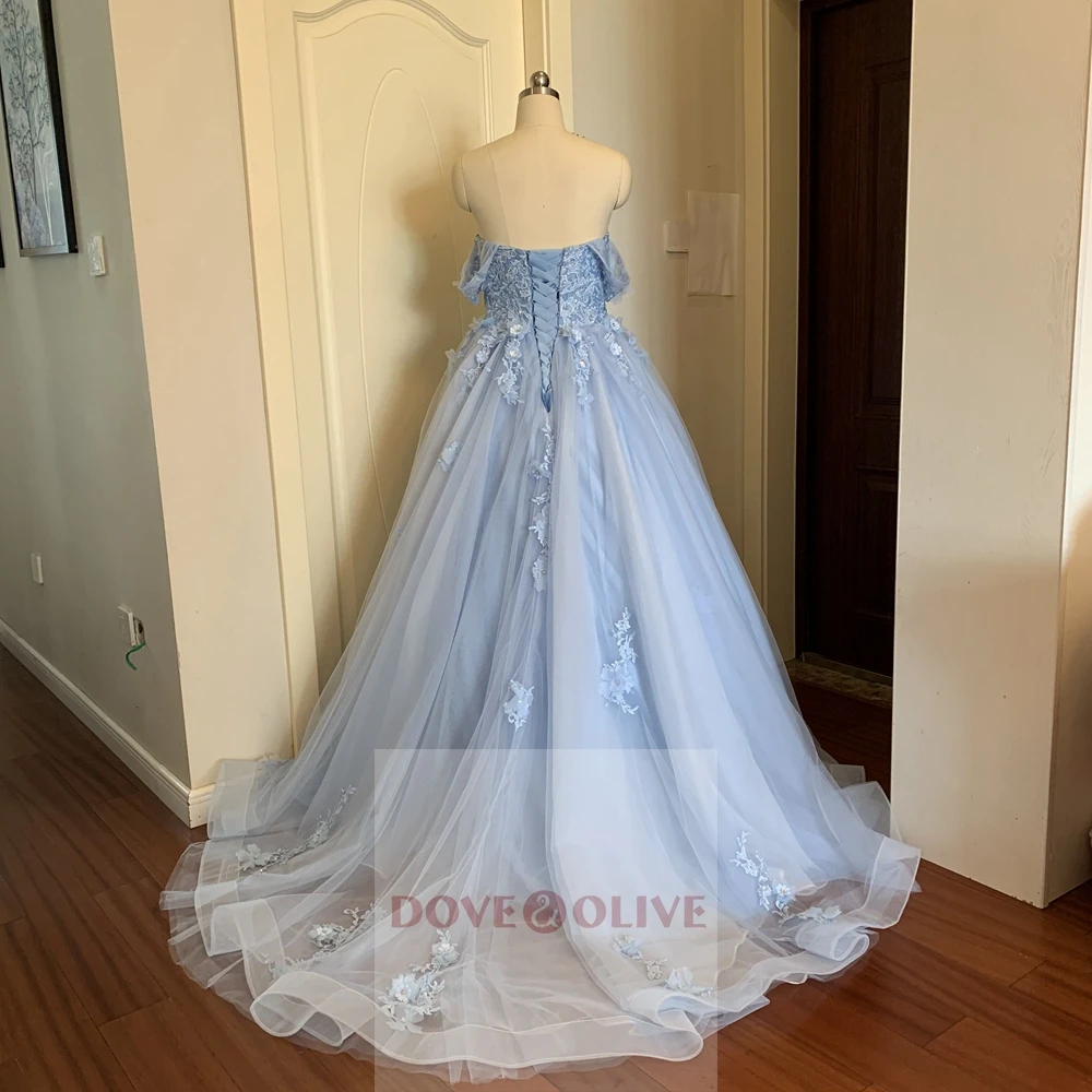 Vestidos de Noche elegantes con escote en forma de corazón, traje largo Formal con apliques de hombros descubiertos, color azul claro, para fiesta