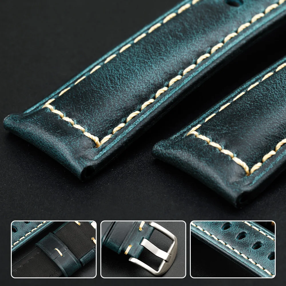 Blue Watch Bands 20mm 22mm 24mm 26mm Vintage Oil Wax Leather Watch Strap Watch Accessories For Panerai Breitling Watchband