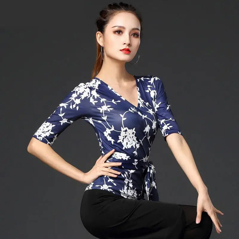 New Fashion Print Latin Dance Top Adult Female Half Sleeved Practice Clothe Women Ballroom Dance Stage Performance Dance Costume