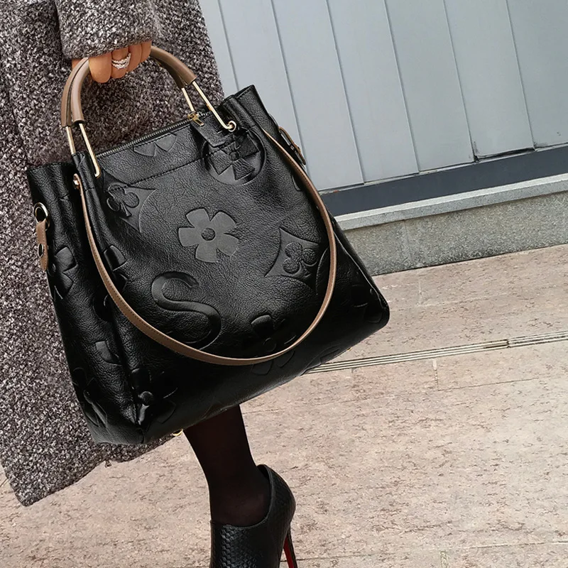 

Embossed Flower Pattern Handbag Women's Bag Large Capacity Bucket Bags For Women Messenger Shoulder Bags Casual Solid Tote Bag