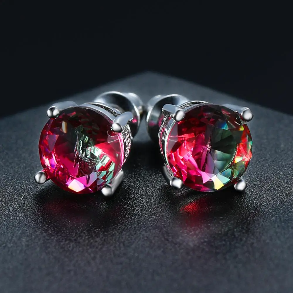 Red Green Crystal Round Stone Stud Earrings For Women Men Wedding Jewelry Mystic Rainbow Fire Blue Green Zircon Double Earrings