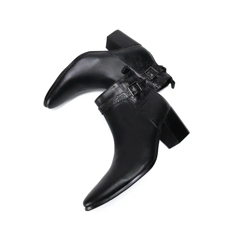 

Black Genuine Leather Ankle Boots For Man Pointed Toe Chunky High Heel Buckle Strap Short Booties Fall Winter Dress Shoes