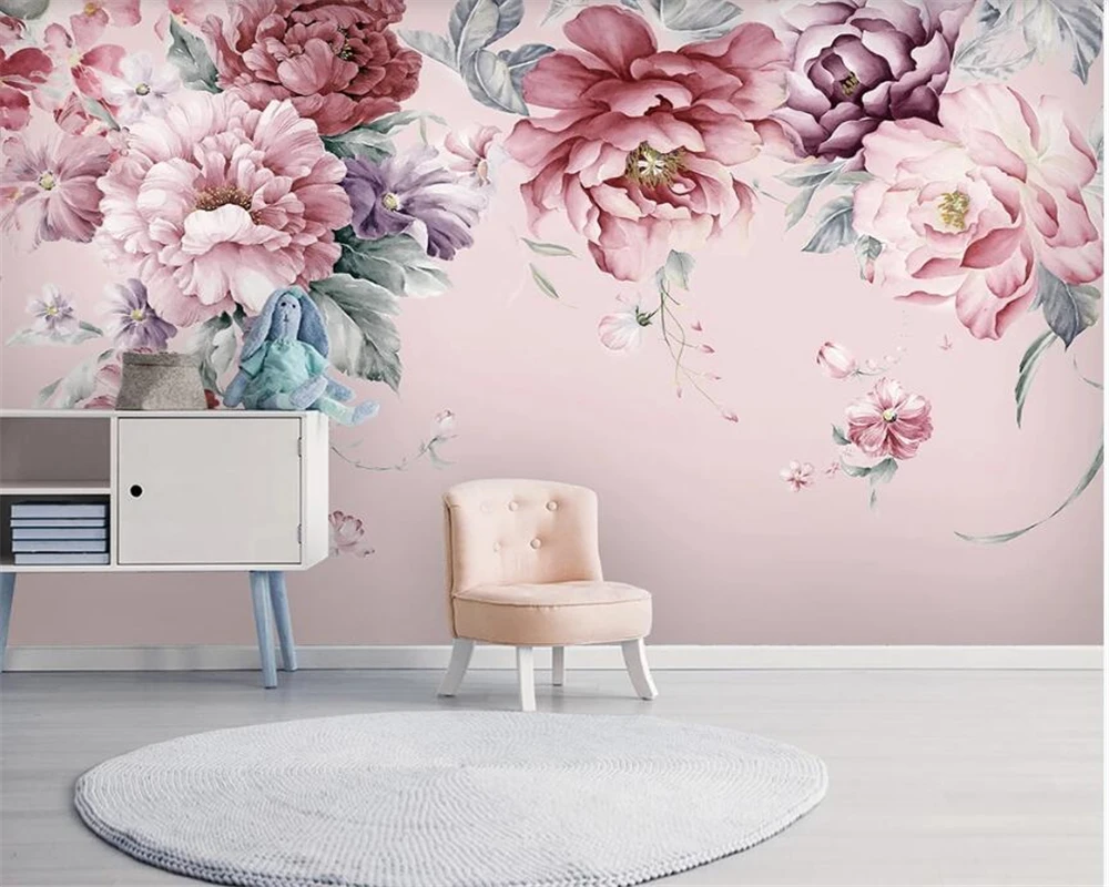 Custom Oil painting self-adhesive mural Nordic hand-painted peony flower garden living room TV background wall 3d wallpaper