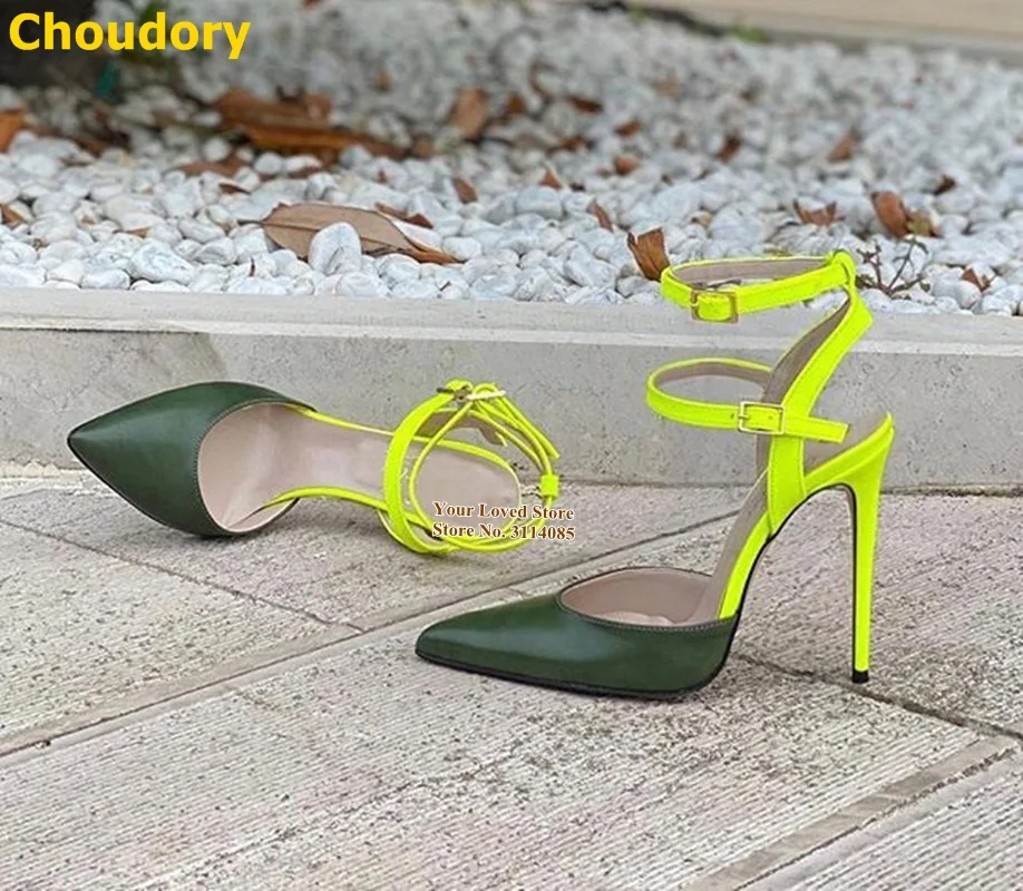 

Women Neon Yellow Stiletto Heels Army Green Matte Leather Pointed Toe Dress Pumps Ankle Buckle Strap Gladiator Heels Dropship