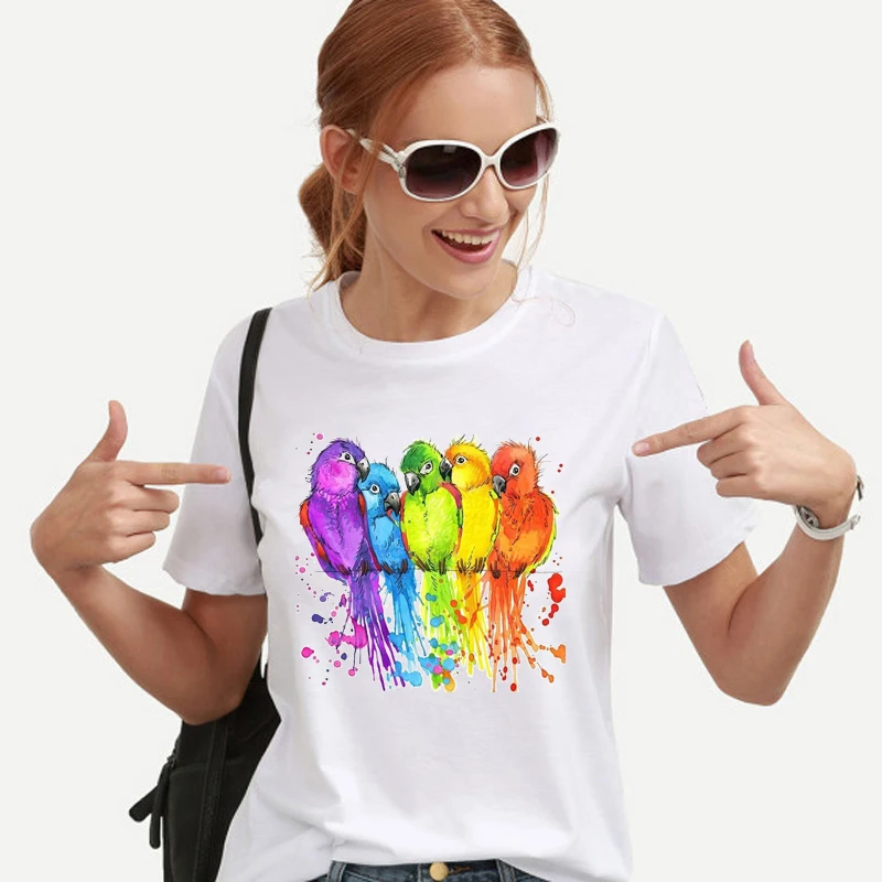 Rainbow Parrot Animals Cartoon Print T Shirts For Women Clothes Funny  T-Shirt Summer Tops Harajuku Streetwear T Shirt