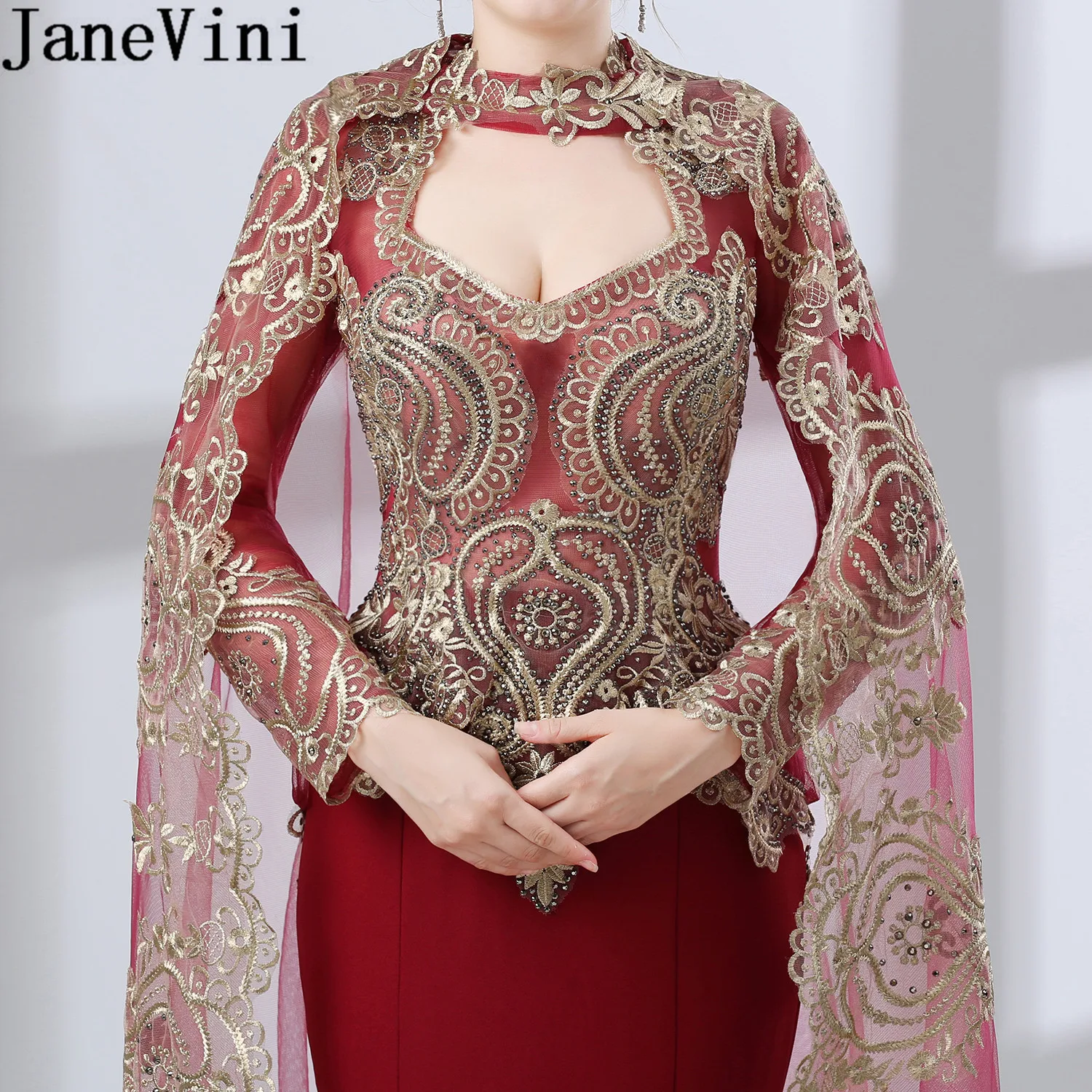 JaneVini – robe de soirée de forme sirène, tenue de soirée arabe avec cape, dentelle perlée, bordeaux, Tulle, manches longues, turquie, 2020