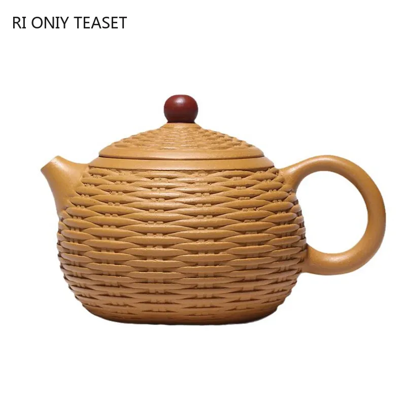 280ml Yixing Purple Clay Teapots Handmade Bamboo Braided Xishi Tea Pot Raw ore Gold Section Mud Kettle Teaware Tea Ceremony