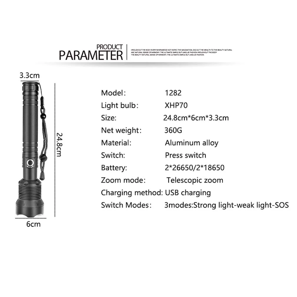 Linterna de alta potencia XHP70 con carga USB, luz LED potente, zoom retráctil, batería 18650 o 26650