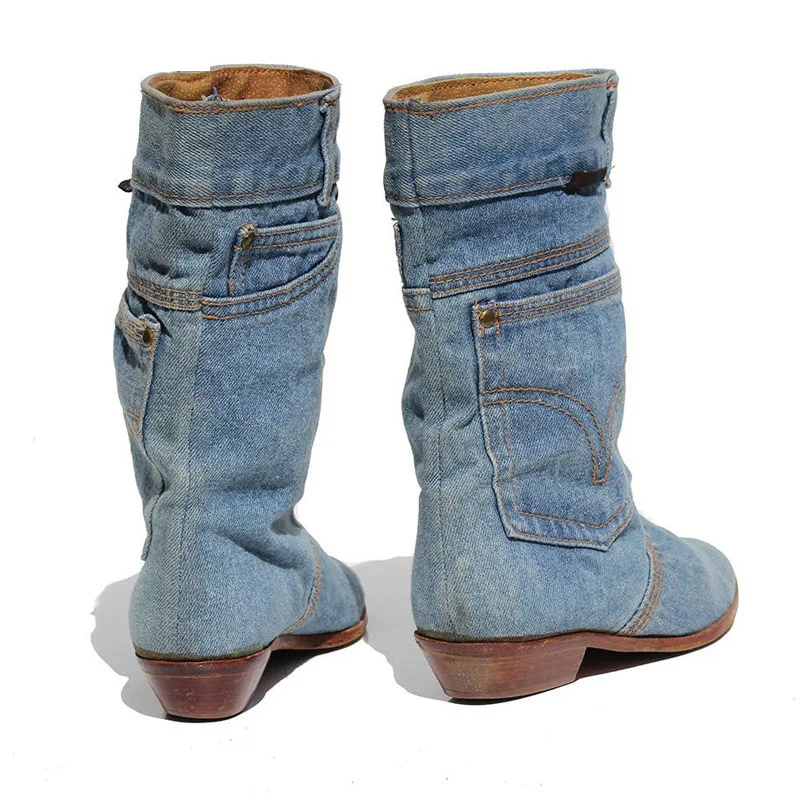 Low Heel Casual Boots Ladies Jeans Leather Fashion New Mid Calf Boots Women Shoes Pointed Toe Cowboy Big Size