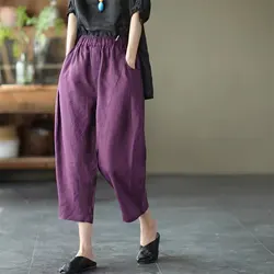 2022 Summer Arts Style Women Elastic Waist Ankle-length Loose Casual Pants Solid Cotton Linen Harem Pants 6 colour V604