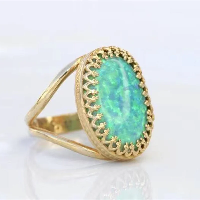 Trendy Ladies Gold Color Inlaid Geometric Oval Opal Copper Finger Ring for Women Female Party Jewelry Size 5-11