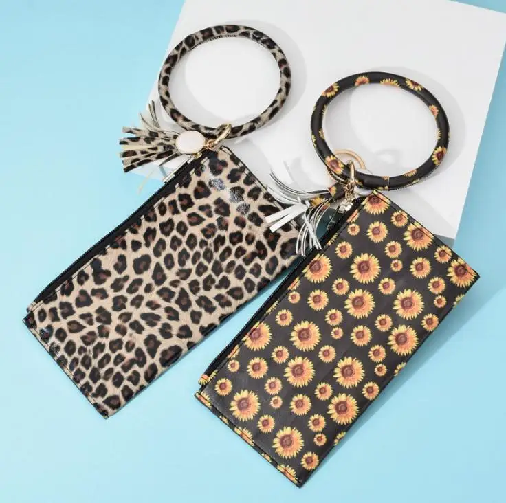 Leopard Leather Bracelet Key Chain Wallet PU Round Wristr Tassel Pendant Wristbands Keychain Bracelets Clutch Purse Gift SN2895