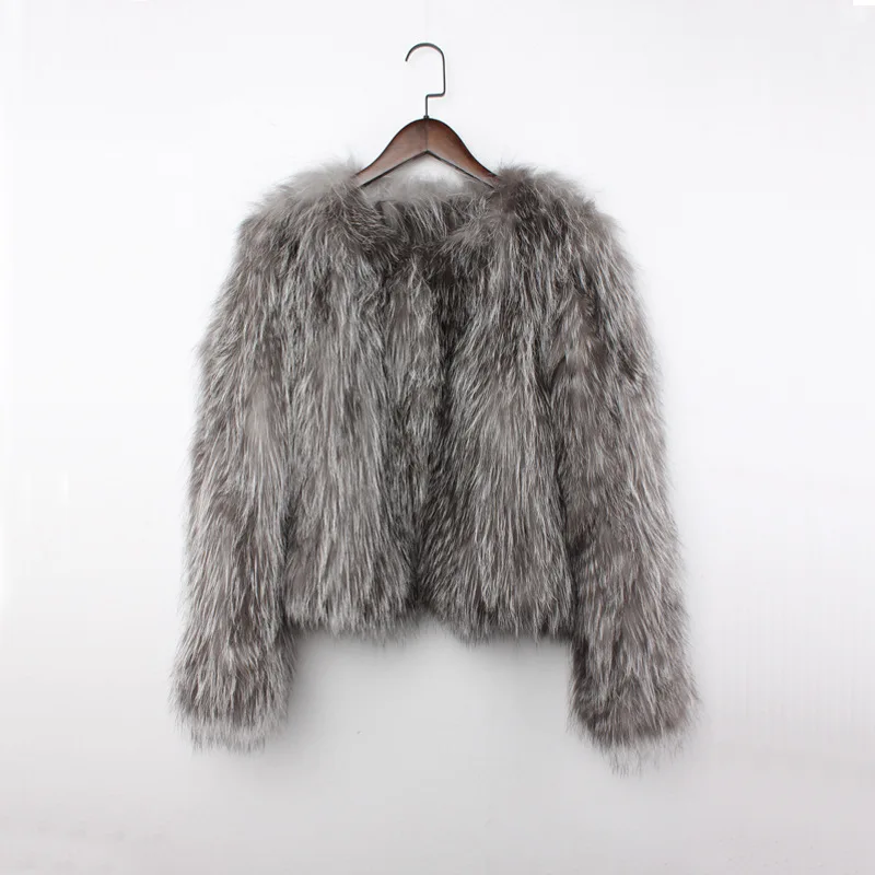 

Imported Raccoon Fur Coat Female Brand Handmade Woven Long Sleeve Europe Style Short Round Neck Tide Contrast Color Chamarras