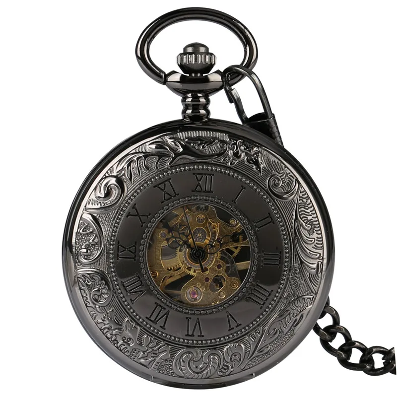 Retro Men Women Handwinding Mechanical Pocket Watch Luxury Skeleton Necklace Pendant Chain Clock Double Hunter Watches Gifts