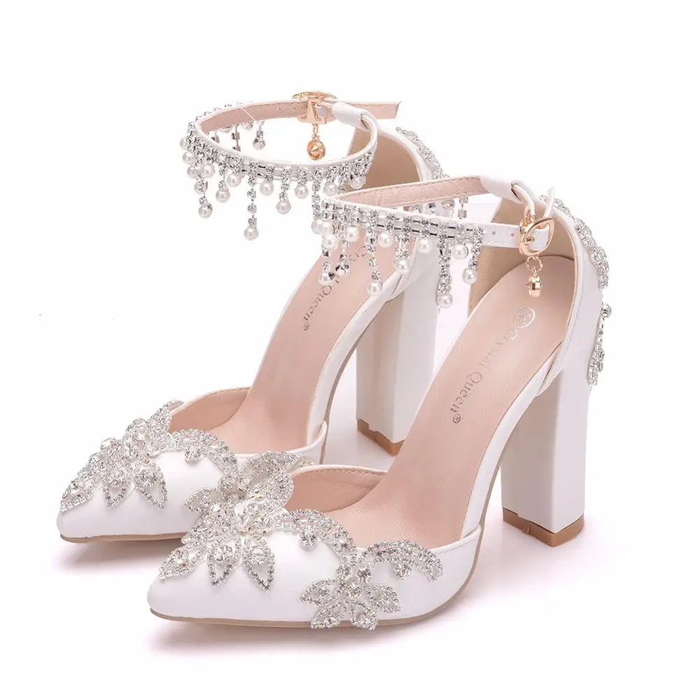 Wedding Shoes Bride Heels Crystal Pumps Christmas Day Evening Party Luxury Square Heel Sandals Woman Shoes