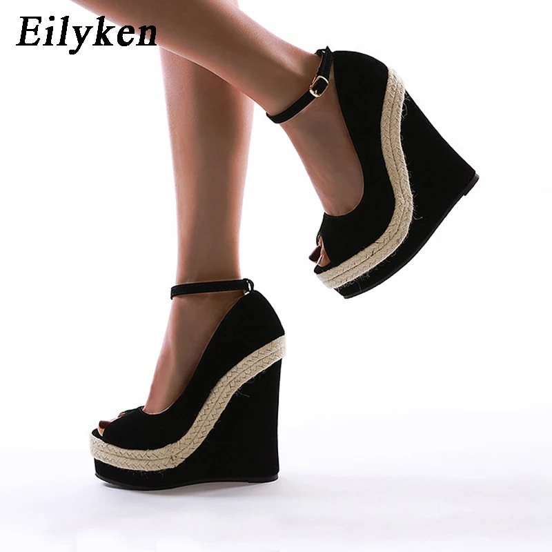 Eilyken Platform Sandals Women High Quality Flock Fabric Peep Toe Fashion Buckle Strap Wedge Heels Dress Ladies Shoes