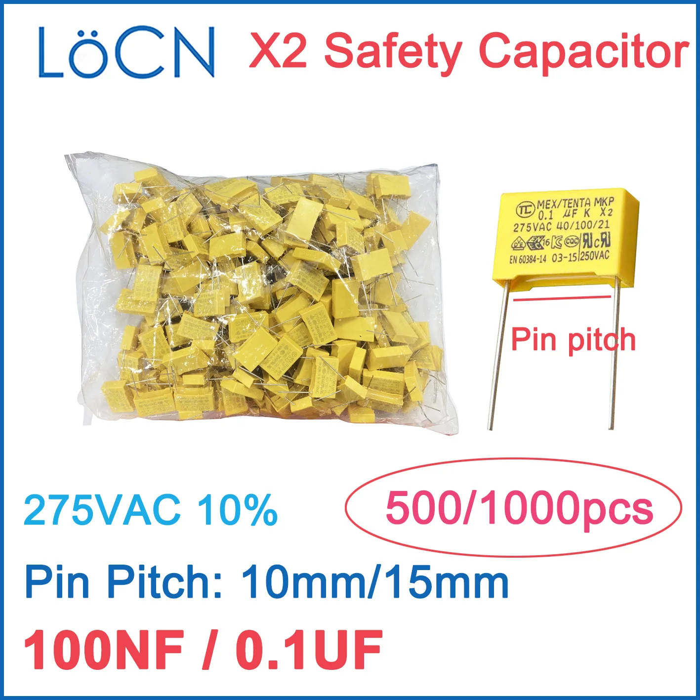 DIP X2 Sicherheit Kondensator 10mm 15mm 100NF 275VAC 0,1 UF 104 10% K 500PCS 1000PCS LoCN