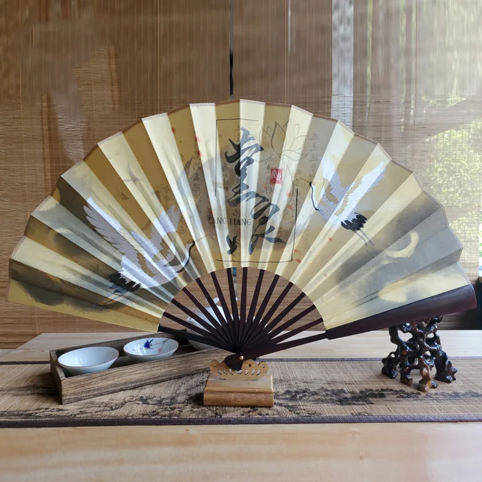 Chinese font folding fan landscape, cranes, bamboo, The waves sun pattern summer cosplay fan