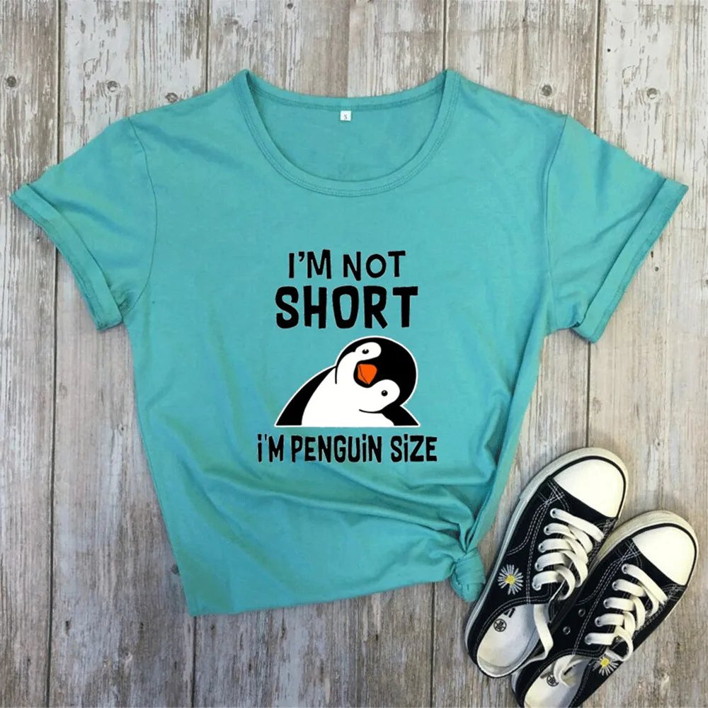 

Женские хлопковые футболки с принтом I'm Not Short I'm Penguin, летняя одежда большого размера d с милым рисунком пингвина, 2021