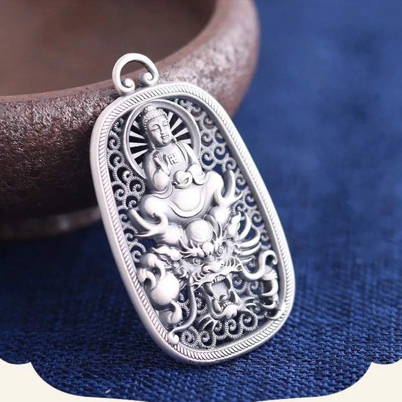 

BOCAI 2020 real s999 pure silver carved dragon pendant protect Buddha statue Sakyamuni Buddha antique woman pendant silver