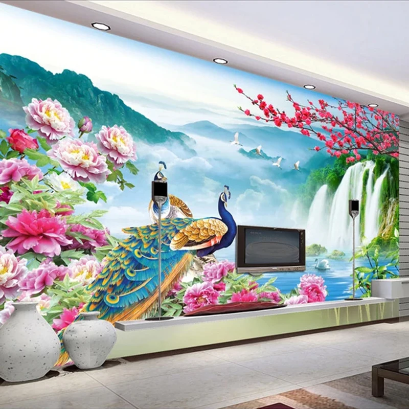 

Custom 3D Photo Wallpaper Wall Painting Peacock Waterfall Nature Landscape Large Mural Wall Paper For Living Room Art Decoration