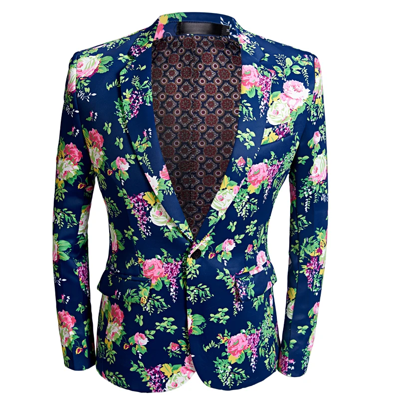 New Design Men\'s  Pink Floral suits Stage Singer Wedding Groom Tuxedo Costume Men\'s Blue Wedding Suit High Quality Prom Dress