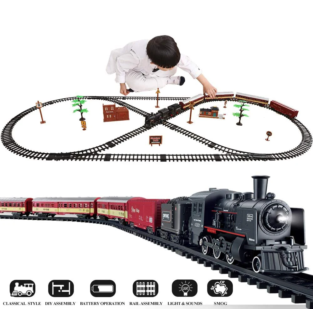 Antike Druckguss Rauch Simulation elektrische Zug Spielzeug Schienen dynamische Dampfzug Modellbahn Set Auto Schaltung Kinderspiel zeug