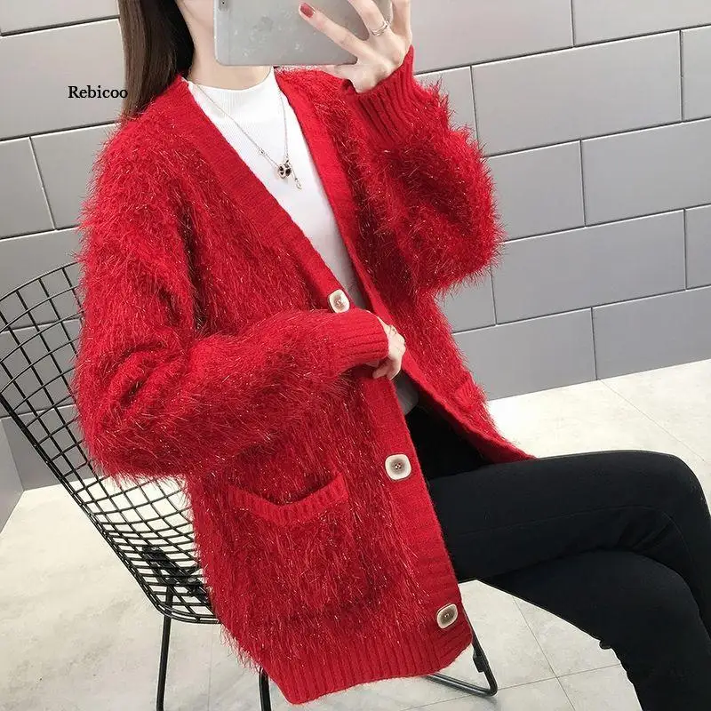 Women\'s Spring New V-Neck Knit Cardigan Imitation Mink Fleece Loose Long-Haired Sweater Jacket