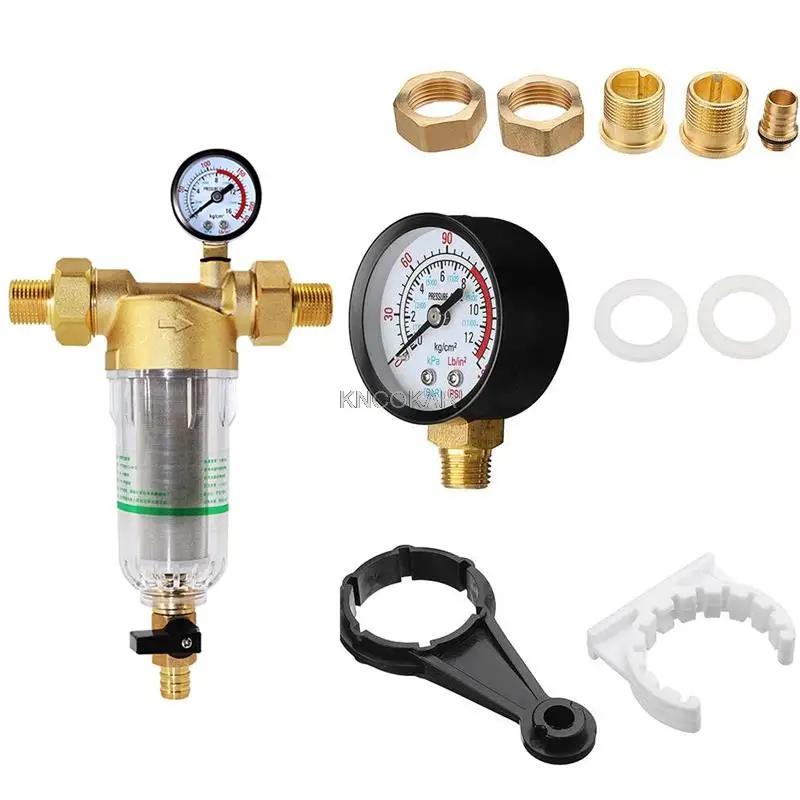 Water Pre Filter System 1/4 Inch&1 Inch Brass Mesh Prefilter Purifier W/ Reducer Adapter&Gauge