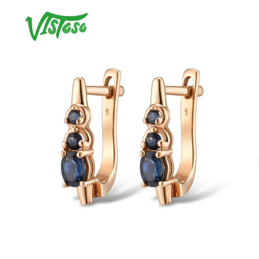 VISTOSO Gold Earrings For Women 14K 585 Rose Gold Sparkling Blue Sapphire Elegant Diamond Wedding Anniversary Fine Jewelry