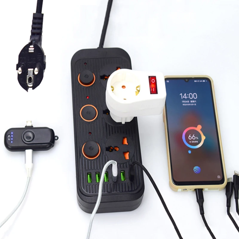 

New 2 Round Pin EU RUS Plug Power Strip Switch Universal Outlets 6 USB Electrical Extension 1.8M Cable Network Filter For Phones