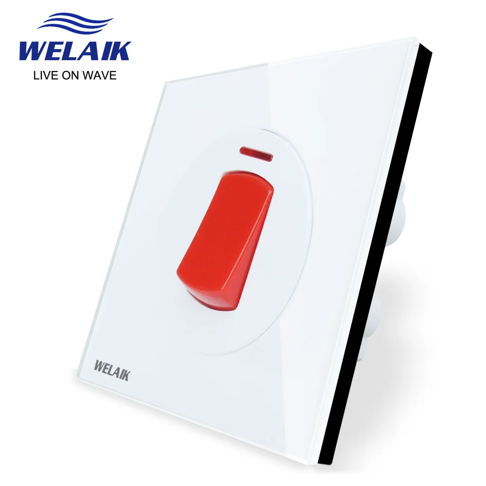 WELAIK  Glass Panel Water heater Wall Waterproof box switch 20A/45A White UK Standard Button wall switch AC110~250V B1711-20AFJW