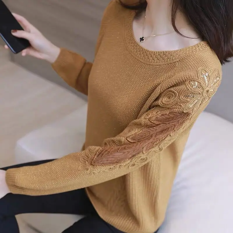 Large lace hollowed-out long-sleeved sweater autumn and winter new loose bottom shirt round collar sweater blouse