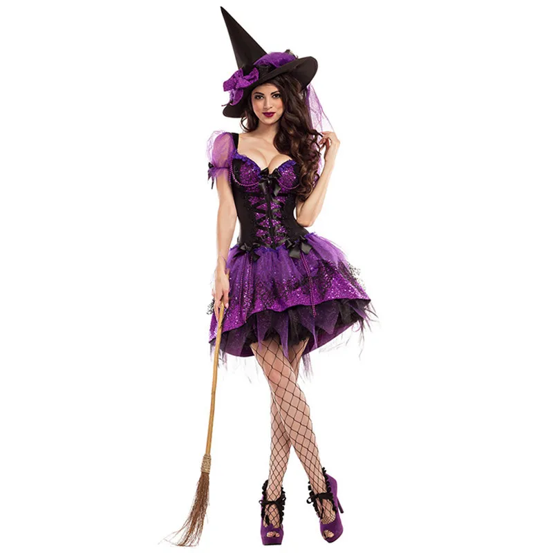 

Halloween Masquerade Party Purple Evil Witch Costume Purim Easter Scary Vampire Cosplay Dress