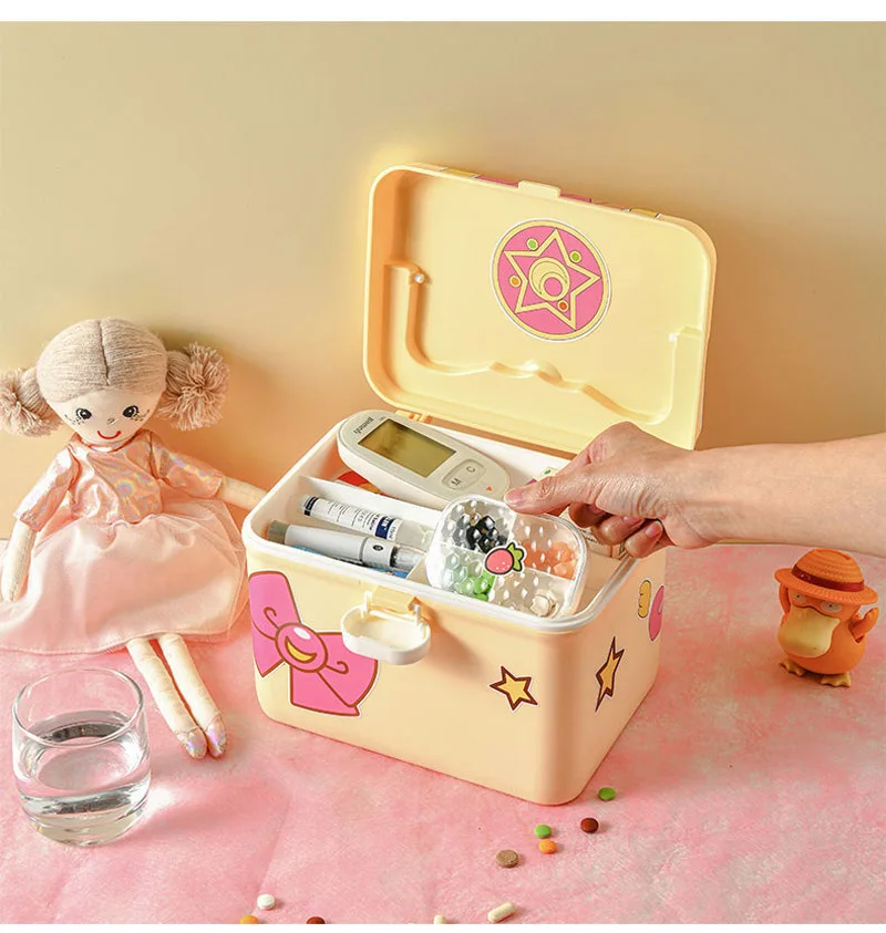 2 Layer Cute Storage Box Medical First Aid Kit for Child Family Emergency Kit Box Plastic Dispensing Box with Handle