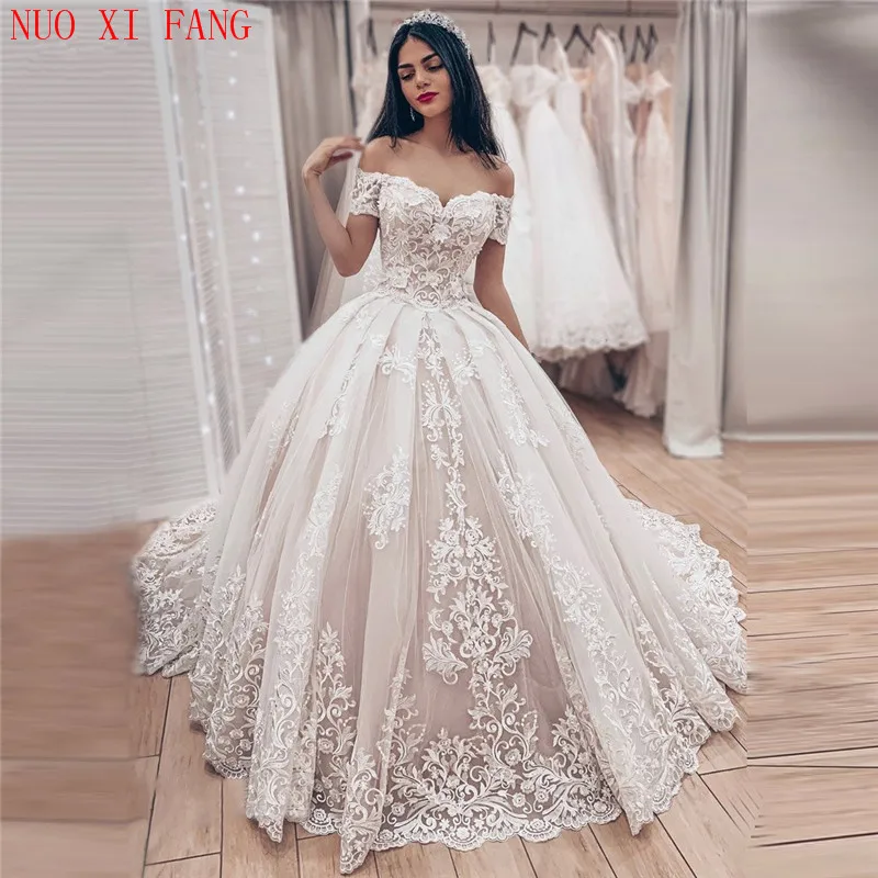 Di lusso Degli Abiti di Sfera Del Merletto Appliques Abiti Da Sposa 2020 abiti da noiva Principessa abito da sposa Al Largo della Spalla Abiti Da Sposa