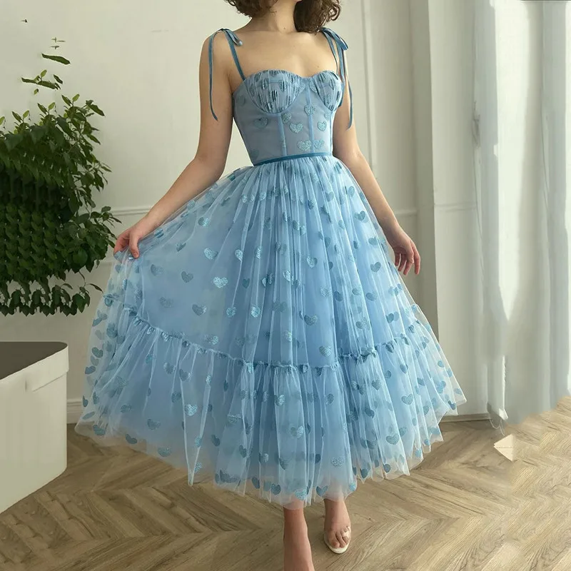 

Robes de Cocktail Light Blue Short Prom Dresses Vintage 2021 Tea Length Evening Party Gowns Vestido de Fiesta de Boda Straps