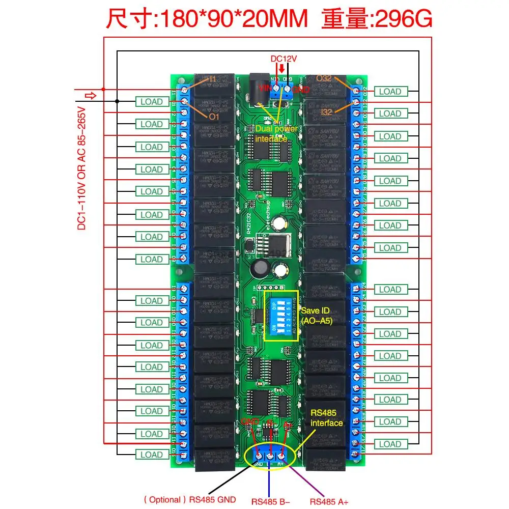 

12V 32-channel RS485 relay Modbus RTU protocol Serial remote control switch PLC control board