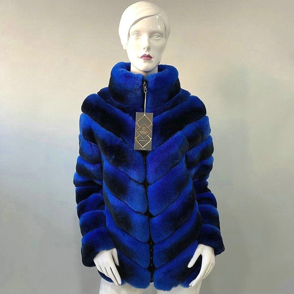 

Royal Blue Natural Rex Rabbit Fur Coat Stand Collar Medium Length Whole Skin Genuine Rex Rabbit Fur Jacket Trendy Fur Overcoats