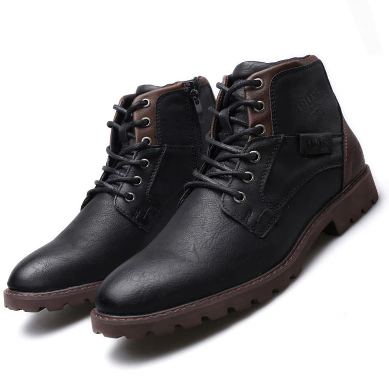 ZYYZYM Men Leather Boots Spring Autumn Vintage Style Tooling Boots Men Zipper Footwear Fashion Casual Shoes Men Botas Hombre