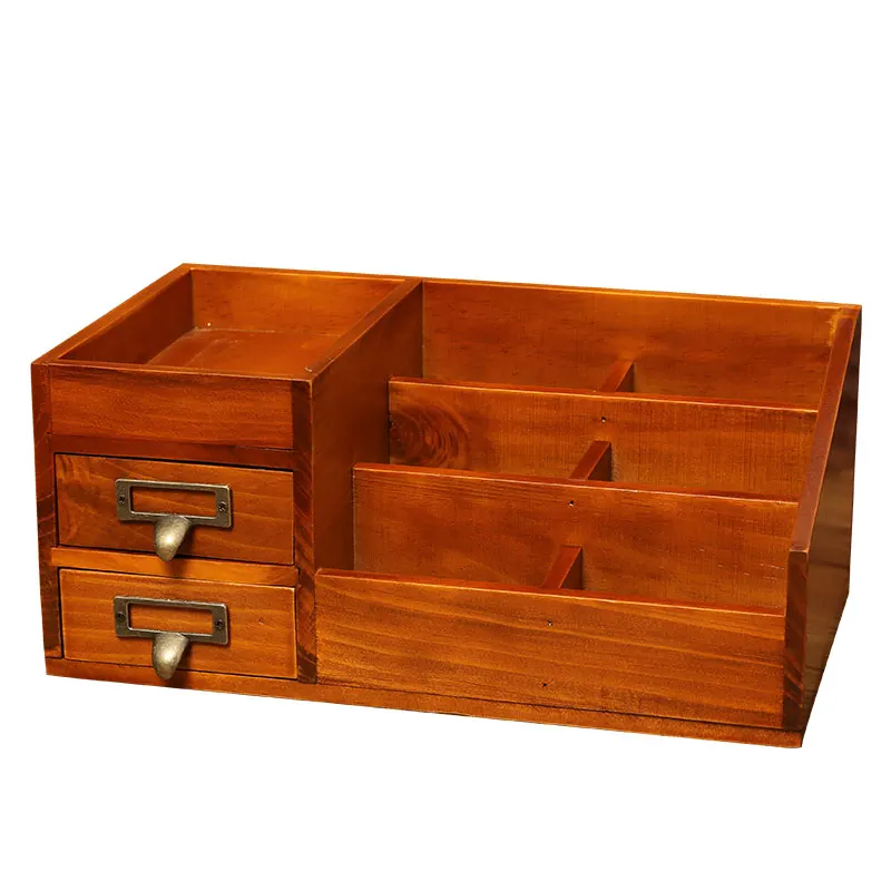 Desktop Cosmetics Retro Solid Wood Storage Box for Living Room