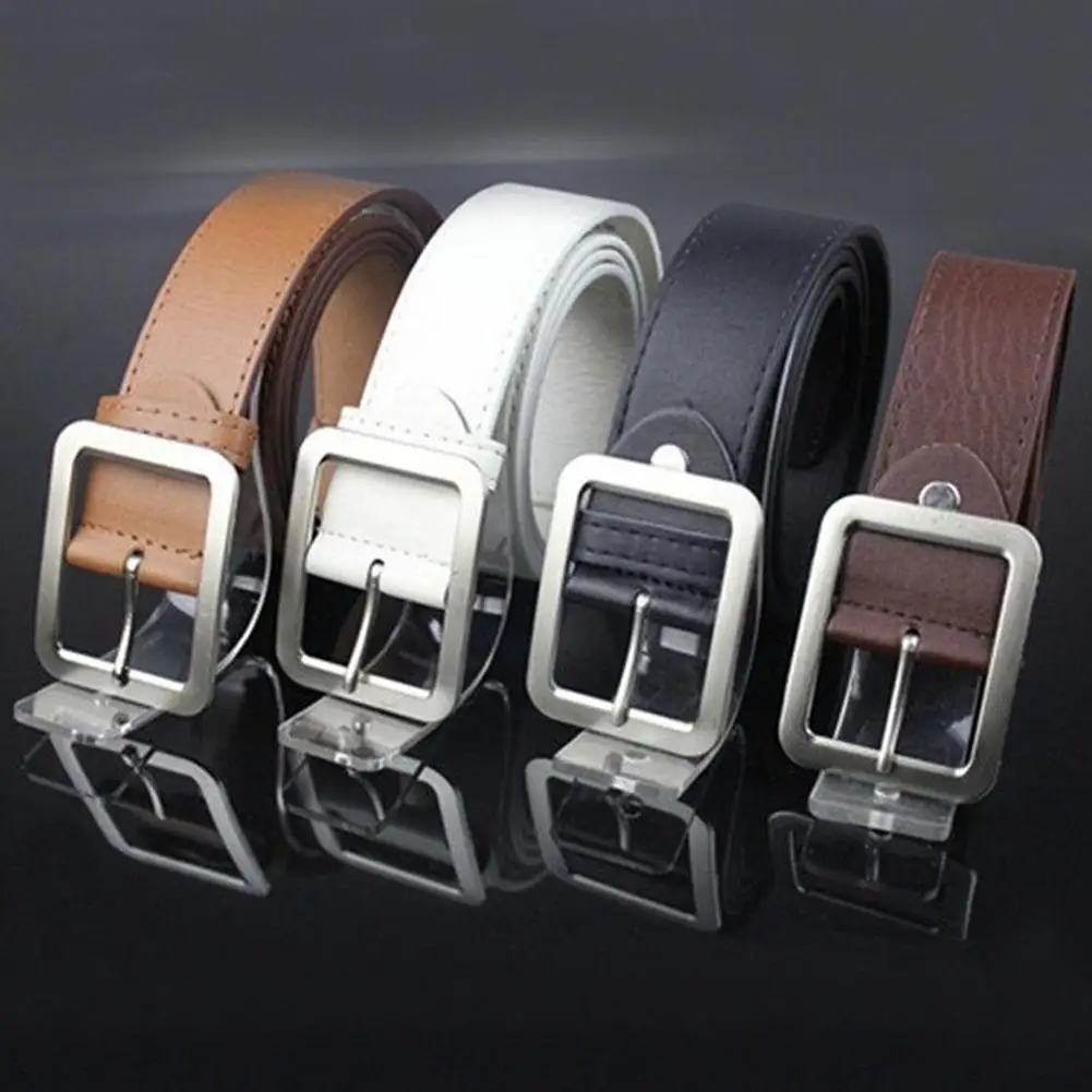 Hot 43 Inches Belt Men Women Casual Faux Leather Belts Alloy Square Buckle Waist Strap