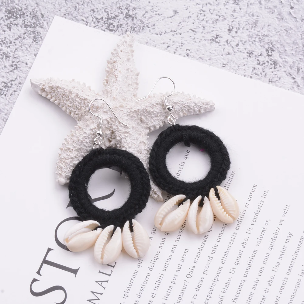 1Pair/2pcs Original New Fashion Boho Beach Shell Crochet Earrings Large Circle Shell Tassel Dangle Drop Earrings For Women